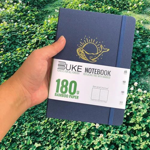 Miniatura 6 de BUKE Cuaderno de cuadrícula de puntos, papel blanco de bambú de 6.35 oz/m², 5 puntos de 0.197 x 0.197 in, 160 páginas, encuadernación plana, bordes