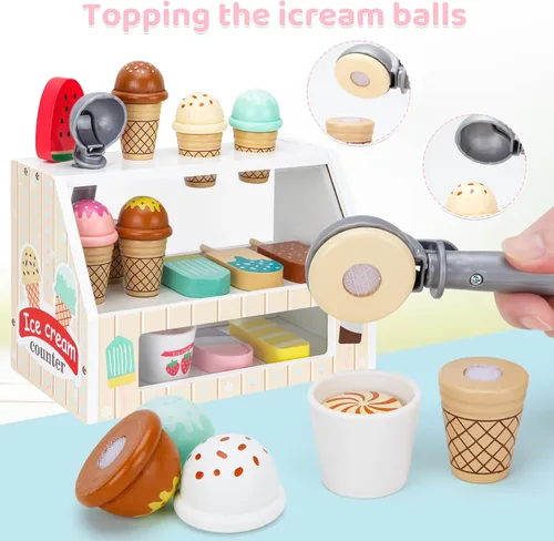 Miniatura 3 de ZJEFUNS - Juguetes de helado de madera para niños, mostrador de helados para niños pequeños, juego de simulación de alimentos, servir con cuchara