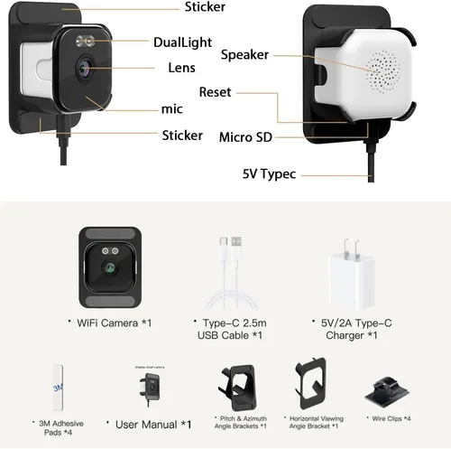 Miniatura 7 de EVERSECU Cámara de ventana 2K con soporte adhesivo, visión nocturna a color Starlight, detección de movimiento, audio de 2 vías, WiFi 2.4G/5G