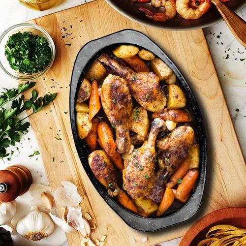 Miniatura 5 de JY COOKMENT Sartén para asar granito, pequeña sartén esmaltada de 13 pulgadas con tapa abovedada. Olla ovalada para pavo, sartén para asar, ideal
