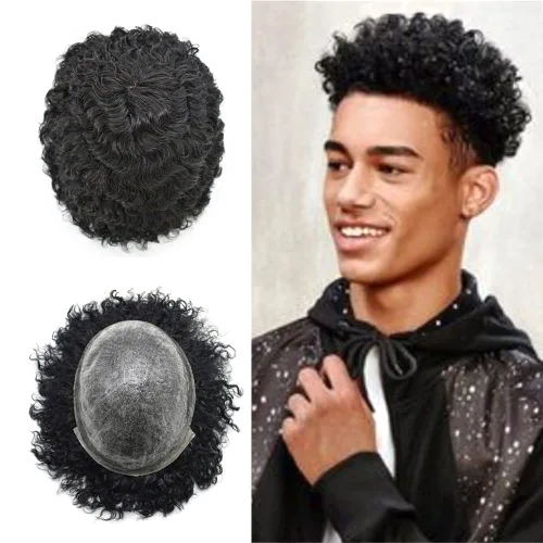 Miniatura 11 de FACE MIRACLE Afro Toupee para hombres negros, extensiones rizadas para hombre, todos los sistemas de cabello humano de poliuretano afroamericano 1B#