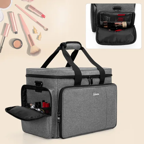 Miniatura 4 de BAFASO Bolsa de maquillaje grande con separadores extraíbles, estuche de maquillaje de viaje para cosméticos y suministros para el cabello, gris