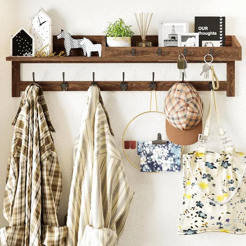 Miniatura 9 de AMBIRD Ganchos de pared con estante, ganchos de abrigo de madera para entrada de 26.57 pulgadas para pared, perchero de pared montado en pared con 5