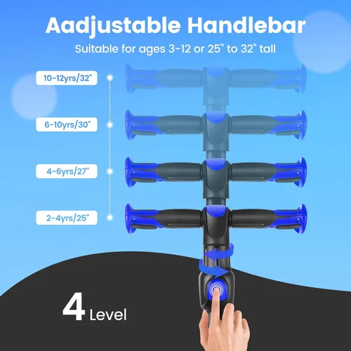 Miniatura 2 de TONBUX Patinete para niños de 3 a 12 años, patinete para niños pequeños con 4 alturas ajustables, patinete de 3 ruedas con luces, diseño de Azul