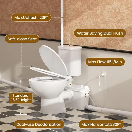 Miniatura 2 de SUPERFLO Sistema de Inodoro Macerador de 500W Upflush para Sótano con 4 Entradas de Agua para Baño y Garaje, Sistema de Bomba de Inodoros