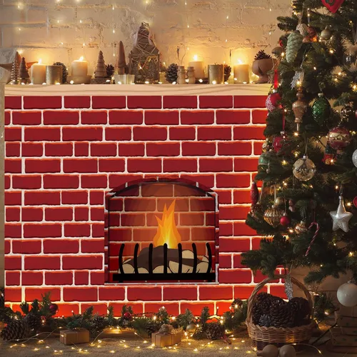 Miniatura 5 de Zhanmai Accesorios para chimenea de Navidad 3D de ladrillo sintético rojo artificial, telón de fondo de chimenea, 35.4 x 26.6 x 5.5 pulgadas
