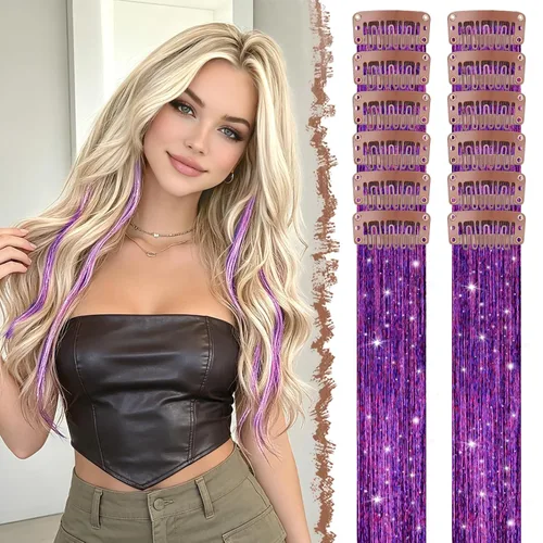 Miniatura 34 de FESHFEN Extensiones de cabello con clip de colores, 16 piezas de 8 colores resaltados, piezas de cabello sintético lacio con clip para mujer, 22