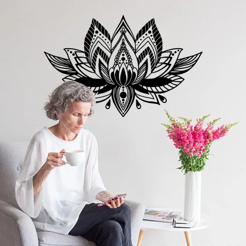 Miniatura 4 de SUPERDANT Calcomanía de pared con diseño de mandala negro, diseño de loto para sala de yoga, religiones, decoración de habitación preppy, decoración