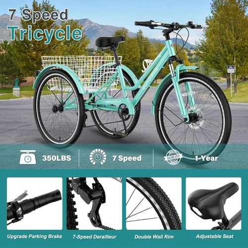 Miniatura 2 de MOPHOTO Triciclo de montaña para adultos, bicicleta de montaña de 7 velocidades y 3 ruedas para adultos, triciclo Cruiser de 24/26/27.5 pulgadas