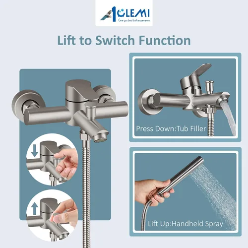 Miniatura 3 de Aolemi Llenador de bañera de montaje en pared, níquel cepillado, grifo de bañera central de 6 pulgadas con ducha de mano, acero inoxidable SUS304