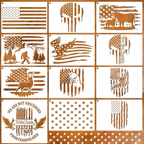 Miniatura 8 de 12 piezas Plantilla de bandera americana Plantilla de estrella para pintar Unión 50 estrellas 1776 Militar Nosotros el pueblo Plantilla para quemar