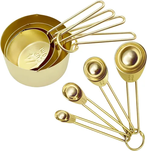 Juego de 8 tazas y cucharas medidoras doradas de acero inoxidable, 4 tazas medidoras y 4 cucharas medidoras para cocinar Dorado