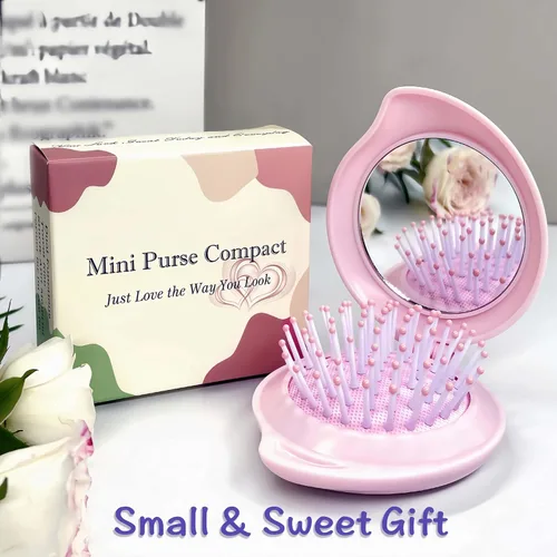 Miniatura 6 de Cepillo de pelo de viaje con espejo para bolso/mochila, mini cepillo plegable para el pelo y set de espejo de maquillaje portátil en rosa kawaii