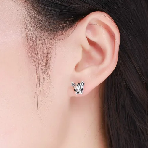 Miniatura 3 de Aretes tipo dormilona de plata de ley con diseño de bulldog francés para mujeres y niñas con orejas sensibles, bonitos regalos, Metal