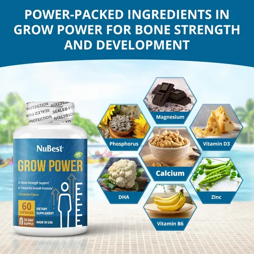 Miniatura 2 de NuBest Grow Power - Suplemento de calcio, suplemento de magnesio con vitamina D3, B6, zinc, fósforo y multivitamínico para huesos fuertes, salud