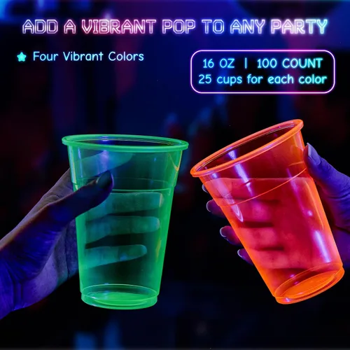 Miniatura 2 de Lilymicky 100 unidades de vasos de plástico de 16 onzas, vasos de fiesta de neón brillante, colores neón surtidos para fiestas, carnavales