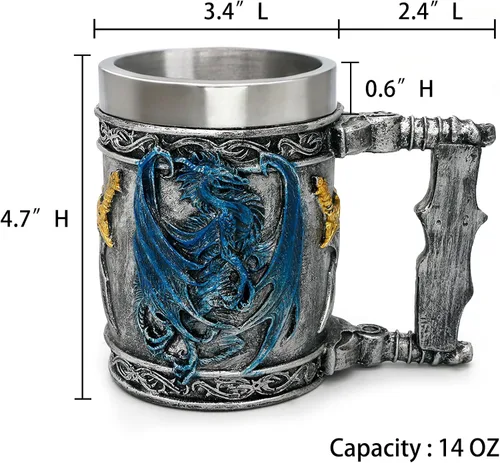 Miniatura 5 de Taza medieval de dragón azul D&D Game Mug of Throne Merchandise Beer Steins Viking Tankard Taza de café de acero inoxidable Tazas de regalo