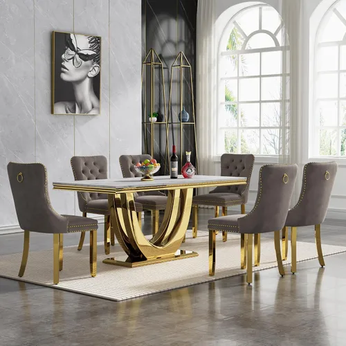 Miniatura 74 de Juego de mesa de comedor de mármol sintético, 7 piezas, juego de mesa de cocina y comedor para 6, mesa de comedor rectangular blanca de 70 pulgadas