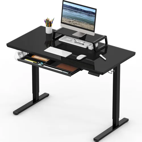 SHW Escritorio eléctrico de cristal de pie ajustable de 48 x 24 pulgadas, escritorio motorizado con elevador de monitor, cajón extraíble, ajustes