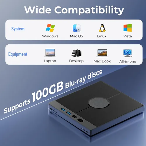 Miniatura 7 de Unidad Blu-ray externa 7 en 1, compatible con quemador Bluray externo de 100 G, Blueray/DVD externa para PC con puertos de tarjeta USB