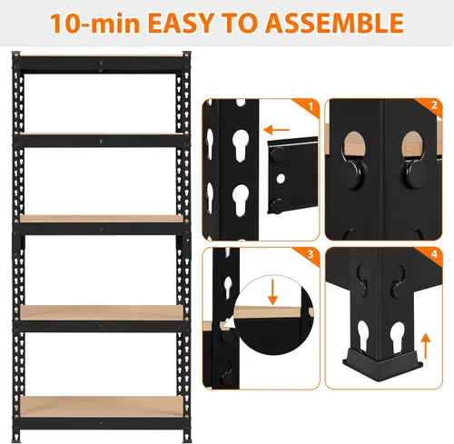 Miniatura 5 de Topeakmart Estantes utilitarios de 5 niveles, estantes de almacenamiento de metal, estanterías ajustables, montaje sin tornillos, estantes de Negro