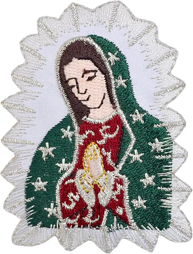 Parche bordado para bautizo con la Virgen María Nuestra Señora de Guadalupe para planchar (plata, sin palabra, 2.5 x 1.75 pulgadas)