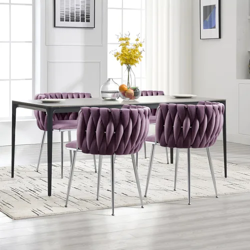 Miniatura 10 de Juego de 2 sillas de comedor de terciopelo, sillas de comedor tapizadas tejidas, sillones de ocio de lujo, sillas decorativas modernas con patas