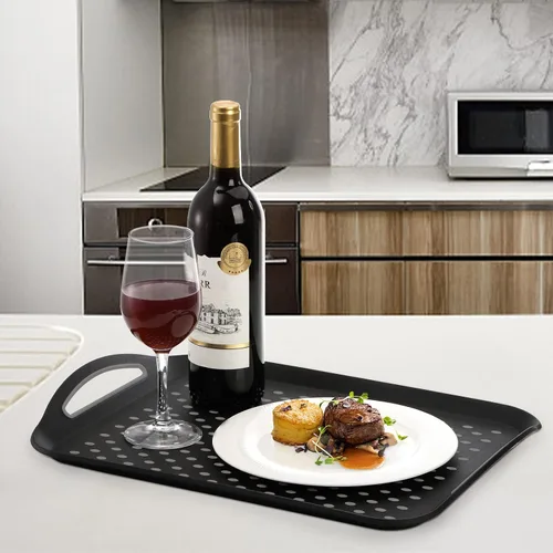 Miniatura 9 de TOPZEA Paquete de 2 bandejas antideslizantes para servir con asa, bandejas rectangulares de plástico para servir alimentos, bandeja de regazo de TV