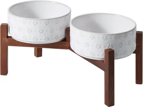 Miniatura 9 de Havniva Cuenco elevado de cerámica para perros de 6.1 pulgadas con soporte antideslizante (madera de acacia), dos opciones de altura, cuenco