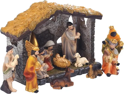 Miniatura 2 de MACLARONX Conjunto de Belén de 12 Piezas Escena de Nacimiento Navideño Figura con Establo para Interiores Decoración de Mesa Hogar Escena