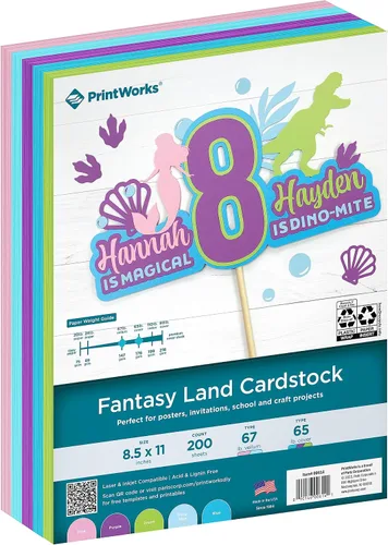 PrintWorks Fantasy Land - Papel de cartulina de 8.5 x 11 pulgadas, 200 hojas, 5 colores surtidos de fantasía, ideal para proyectos escolares y