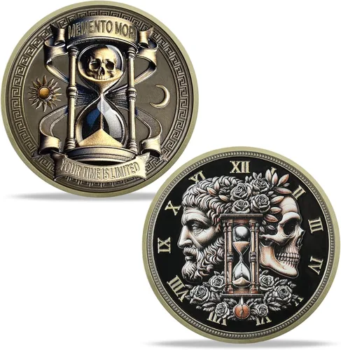 Miniatura 8 de Moneda Memento Mori Reloj de arena Cráneo Tiempo Mortalidad Moneda estoica Amor Fati Moneda Memento Vivere Carpe Cráneo Coleccionable Recuerdo