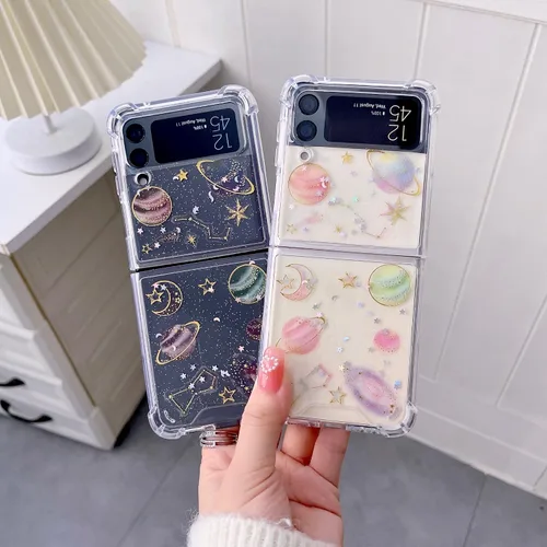 Miniatura 8 de Funda protectora para Galaxy Z Flip 4, suave y transparente de goma flexible, planeta y estrellas espaciales, brillantes, para niñas y mujeres, a