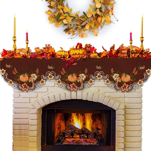 Miniatura 8 de Caminos de mesa bordados marrones de cosecha de Acción de Gracias para decoraciones de otoño u otoño (14 x 34 pulgadas)