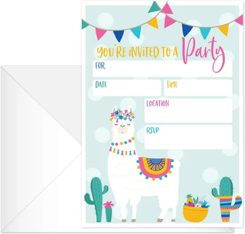 Miniatura 2 de Canopy Street Invitación de fiesta de relleno de llama, 25 invitaciones y sobres de cumpleaños de fiesta de llama, invitación de alpaca plana de 5 x