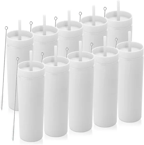 Miniatura 38 de Volhoply Paquete a granel de 4 vasos delgados de plástico de 20 onzas, vaso de doble pared con tapa y popote, taza reutilizable de viaje para café