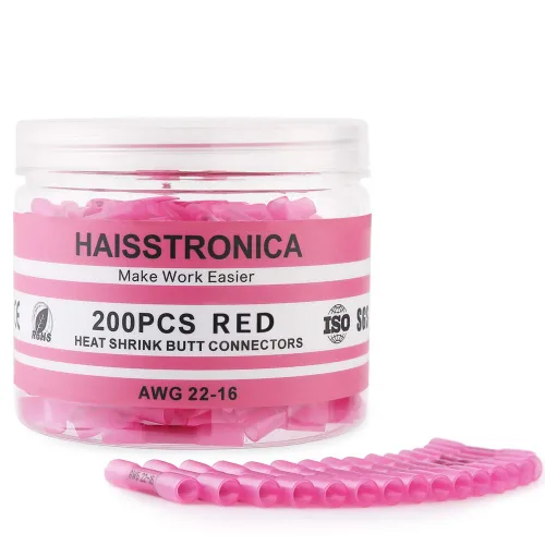 haisstronica 200 conectores de tope termorretráctiles rojos de 22 a 16 Awg, cobre rojo estañado de 0.028 in, conectores de alambre de crimpado