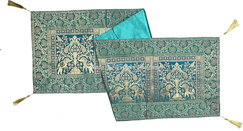 Miniatura 3 de Brocade - Camino de mesa de café jacquard verde oscuro, rectangular, bohemio, tradicional, decoración de sala de estar, elefante pavo real, mantel