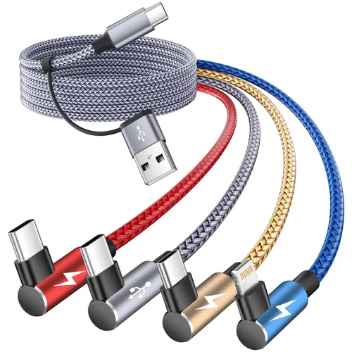 Miniatura 9 de Cable USB A/C a USB C en ángulo recto, cable de carga trenzado tipo C de 90 grados, cable de carga USB C 4 en 2, cable de carga universal
