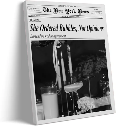 Miniatura 19 de Póster de periódico Champagne and Headlines, impresión retro para decoración de carrito de bar, dormitorio universitario feminista, arte de pared