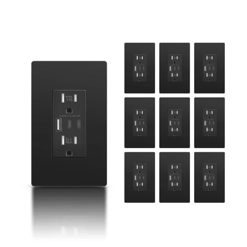 Miniatura 35 de TOPELER - Toma de corriente para montaje en pared con puertos USB 6.0A, dos tomas eléctricas de 20 amperios, tomas y puertos resistentes a la Negro