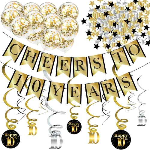 Paquete de decoraciones de 10º cumpleaños y aniversario, pancarta preencordada, globos, espirales, decoraciones de cumpleaños número 10 para él o