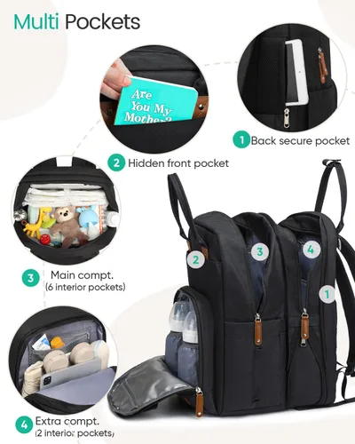 Miniatura 5 de Qualyphant Mochila para pañales extragrande para dos niños gemelos, bolsa de bebé expandible (26-36 L), compartimentos grandes duales, incluye Negro