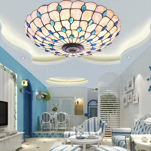 Miniatura 8 de Tiffany - Lámpara de techo de montaje empotrado, lámpara de techo LED de vitral, hecha a mano con cuentas de vidrio de colores azules