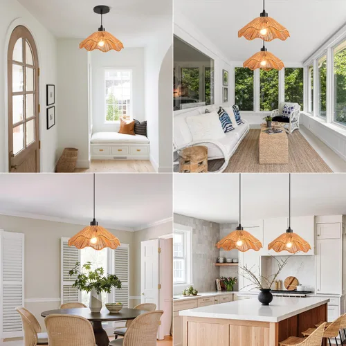 Miniatura 4 de 3 Pack Brown Woven Pendant Light Fixtures,11.81" Rattan Pendant Lights Farmhouse Basket Light Fixture Adjustable Boho Hanging Lamp for Kitchen