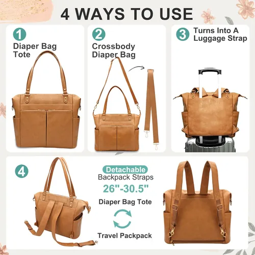 Miniatura 6 de MOMINSIDE Bolsa de pañales, mochila de cuero para pañales con 13 bolsillos para mamá y papá, bolsa de bebé convertible para niños y niñas, bolsa