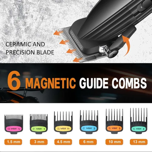 Miniatura 6 de VGR 889C - Cortadora de pelo profesional para hombres, 9000 rpm, inalámbrica, con cuchillas de cerámica y MIM, 6 peines guía magnéticos, pantalla