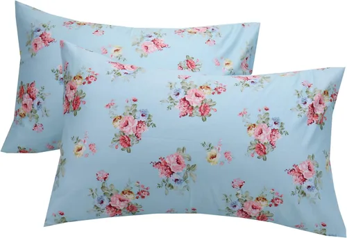 Miniatura 9 de Juego de 2 fundas de almohada de algodón azul suave, fundas de almohada de tamaño Queen con estampado floral con cierre de sobre, 20 x 30 pulgadas