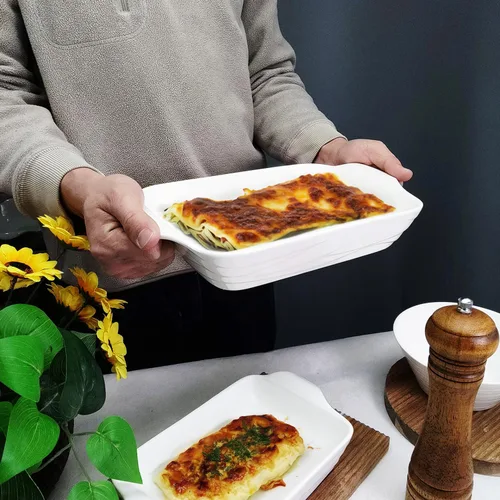 Miniatura 3 de Plato para hornear de 8 x 5 pulgadas, bandeja para lasaña, bandeja rectangular para hornear de 18 onzas, plato de cerámica con asas (9.8 pulgadas)