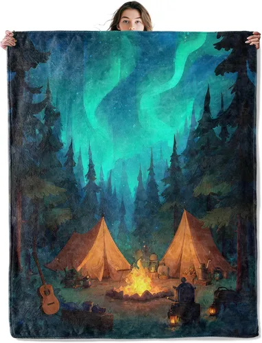 Miniatura 7 de Manta de franela suave y acogedora con diseño de campista Happy Campfire y Forest Tent Impreso Fondo negro para amantes del aire libre, dormitorio